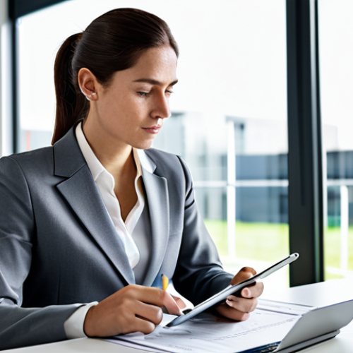 A professional woman in a modest business blazer and smart trousers, subtly contemplating a minor everyday work challenge while sitting at a clean, well-lit desk in a modern open-plan office. She holds a stylus thoughtfully over a tablet displaying a generic document. The atmosphere is calm and reflective, hinting at a moment of self-realization about an unspoken need. fully clothed, appropriate attire, safe for work, perfect anatomy, correct proportions, natural pose, well-formed hands, proper finger count, natural body proportions, professional, high-quality, family-friendly.