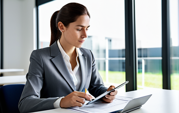 A professional woman in a modest business blazer and smart trousers, subtly contemplating a minor everyday work challenge while sitting at a clean, well-lit desk in a modern open-plan office. She holds a stylus thoughtfully over a tablet displaying a generic document. The atmosphere is calm and reflective, hinting at a moment of self-realization about an unspoken need. fully clothed, appropriate attire, safe for work, perfect anatomy, correct proportions, natural pose, well-formed hands, proper finger count, natural body proportions, professional, high-quality, family-friendly.