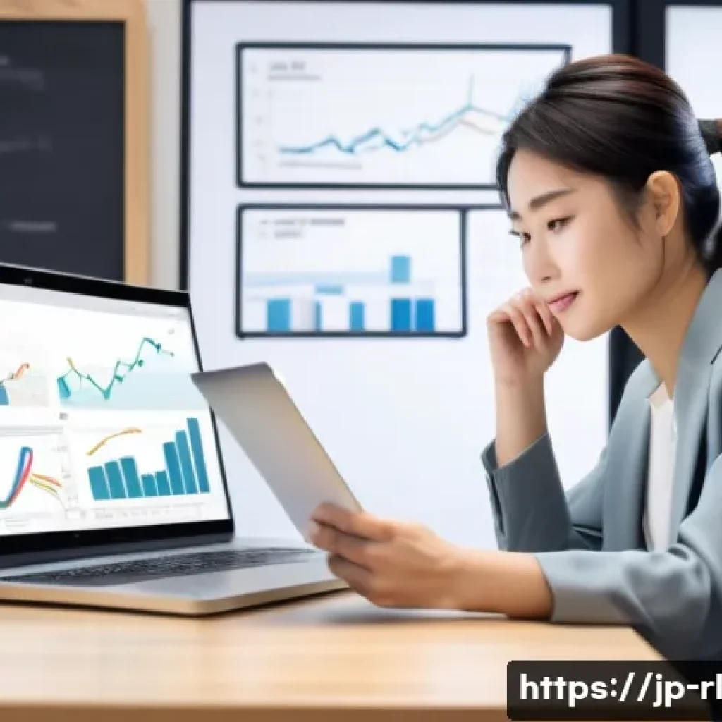 세일즈 퍼널에서의 행동 유도 기법 - A modern Japanese office scene featuring a young professional woman thoughtfully analyzing customer ...