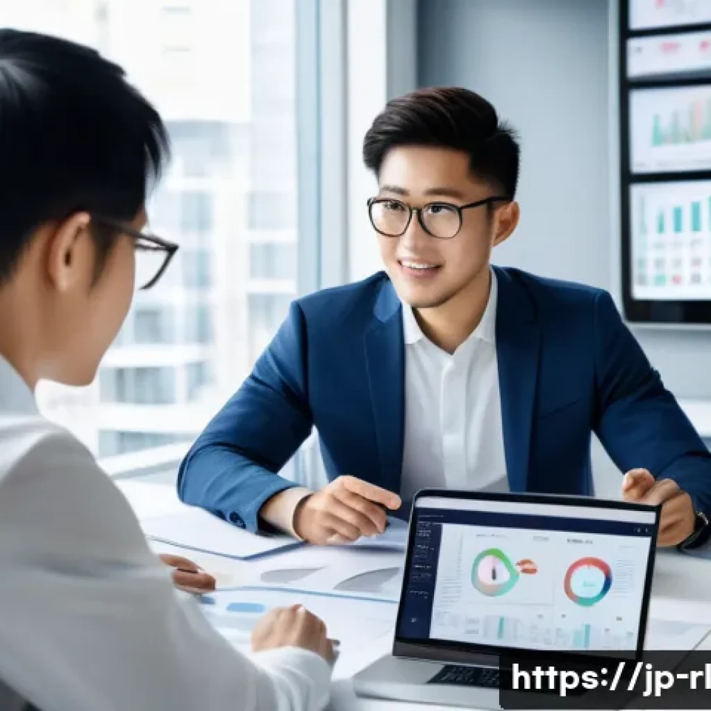 세일즈 퍼널의 성과를 극대화하는 노하우 - A modern Japanese office scene showing a diverse team of marketing professionals collaboratively ana...