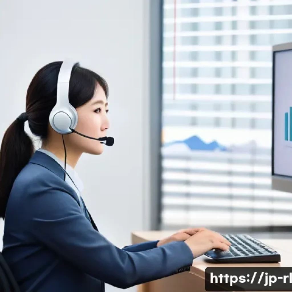세일즈 퍼널에서의 지속 가능한 관계 구축하기 - A modern Japanese office scene showing a professional customer service representative attentively li...