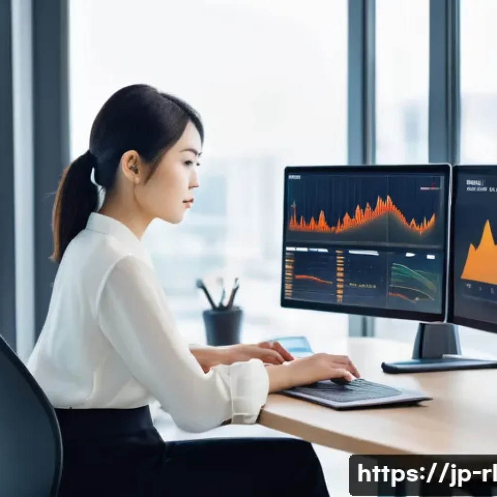세일즈 퍼널의 지속적인 개선을 위한 체크리스트 - A modern Japanese office scene focused on digital marketing analysis, featuring a young professional...