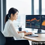 세일즈 퍼널의 지속적인 개선을 위한 체크리스트 - A modern Japanese office scene focused on digital marketing analysis, featuring a young professional...