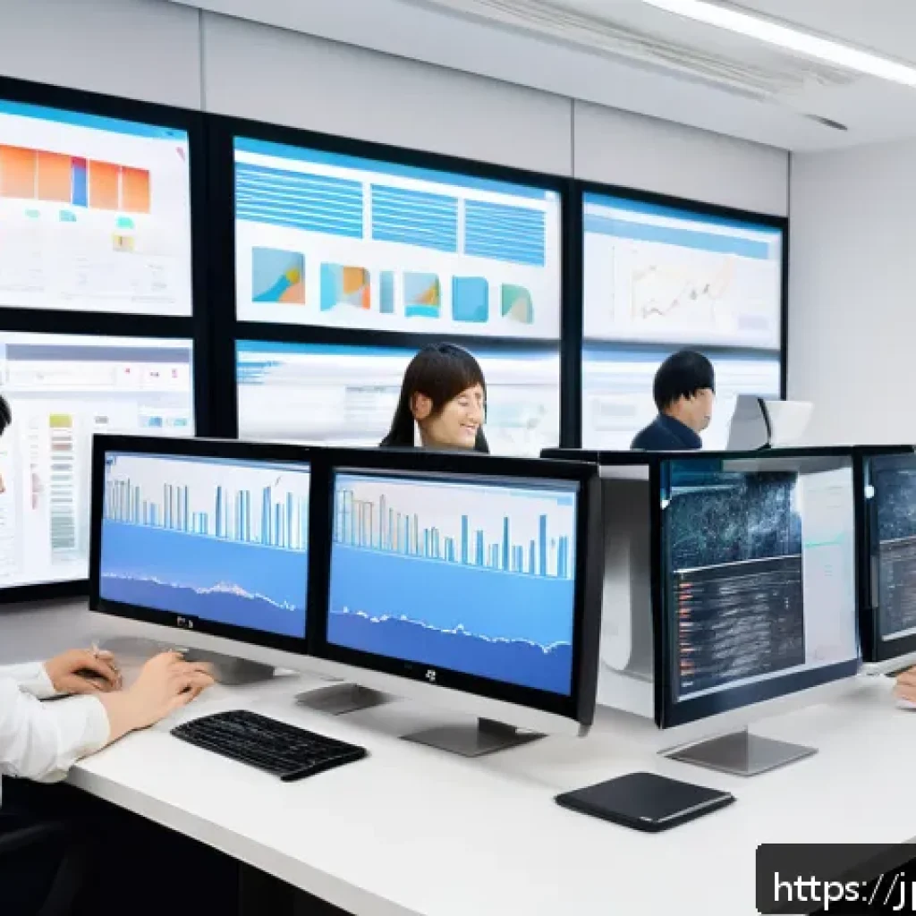 B2C 세일즈 퍼널 최적화 기법 - A modern Japanese marketing office scene showing a diverse team of professionals analyzing customer ...