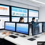 B2C 세일즈 퍼널 최적화 기법 - A modern Japanese marketing office scene showing a diverse team of professionals analyzing customer ...