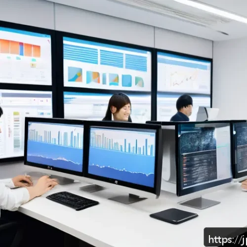B2C 세일즈 퍼널 최적화 기법 - A modern Japanese marketing office scene showing a diverse team of professionals analyzing customer ...