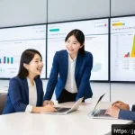 세일즈 퍼널 최적화 사례 비교 분석 - A modern Japanese office scene depicting a diverse group of professionals analyzing customer purchas...