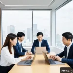 세일즈 퍼널에서의 팀원 역할 분담하기 - A modern Japanese office scene showcasing a diverse sales team actively collaborating around a large...