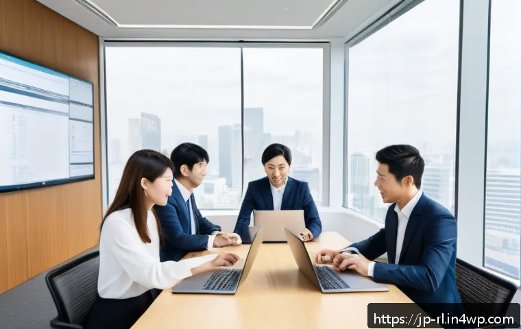 세일즈 퍼널에서의 팀원 역할 분담하기 - A modern Japanese office scene showcasing a diverse sales team actively collaborating around a large...