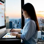 세일즈 퍼널에서의 콘텐츠 맞춤형 제공하기 - Photorealistic modern Tokyo marketing office, a Japanese content strategist at a clean desk reviewin...